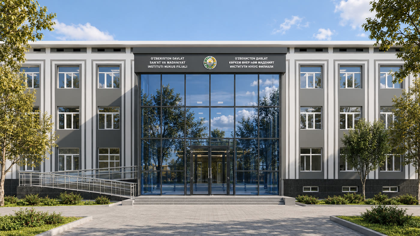Главный фасад с надписью на узбекском и каракалпакском языках. Архитектурная визуализация здания филиала (компьютерное изображение, не фотография). Изображение предоставлено редакции.